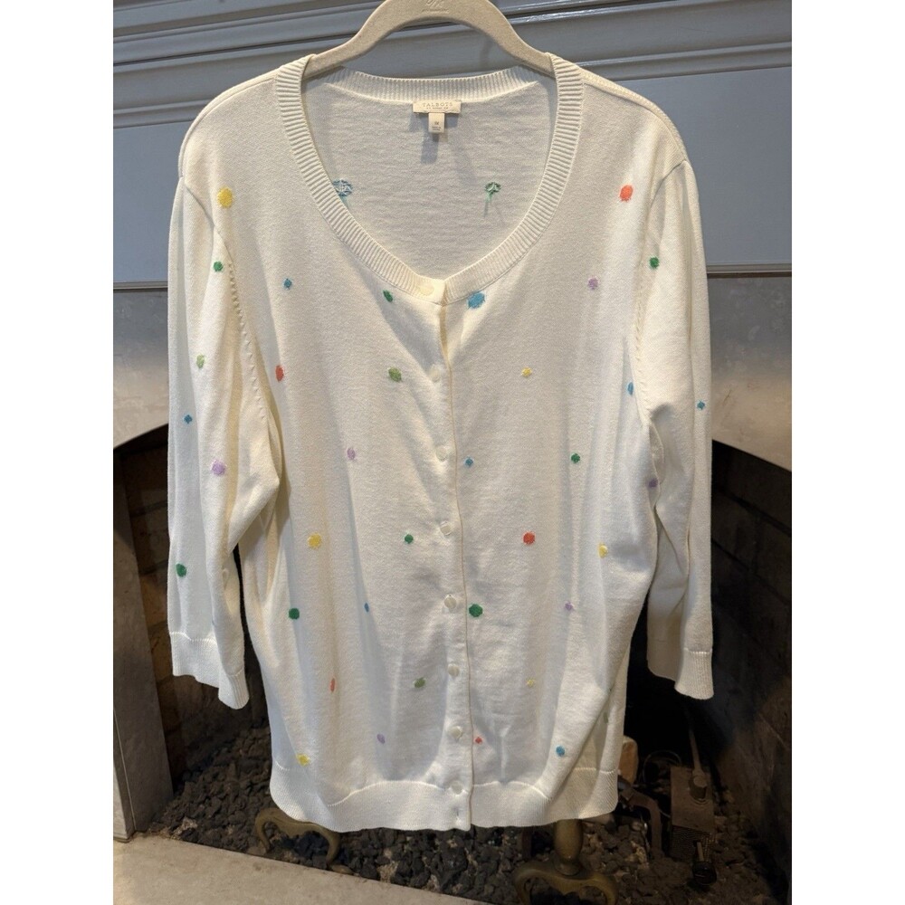 Talbots White Cardigan With Multicolored Embroidery Polkadots Size 1X